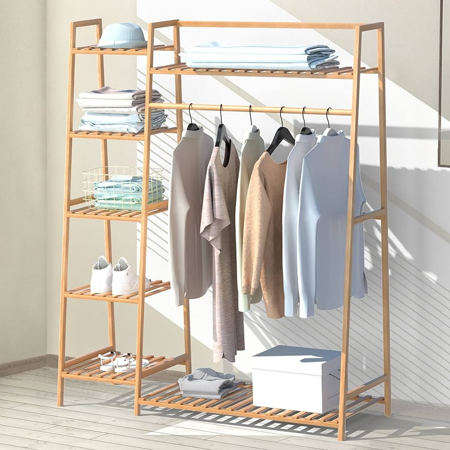 RELIANCER Bamboo Clothing Garment Rack,Free Standing Clothes Coat Hanger,Closet Organizer w/Shoe ... | Amazon (US)