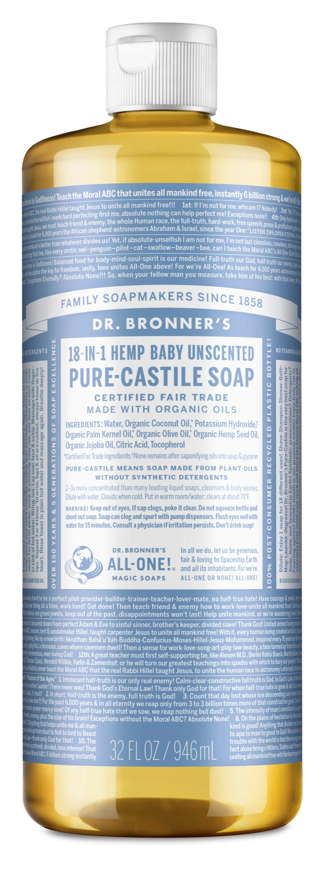 Dr. Bronner's Pure Castile Liquid Soap Unscented 32 fl oz - Walmart.com | Walmart (US)