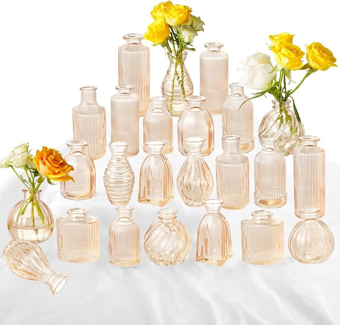 Champagne Bud Vases in Bulk 24 Packs Amber Glass Vase for Decor Centerpieces, Small Ribbed Vases ... | Amazon (US)