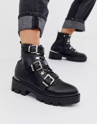 RAID Fall black buckle detail chunky flat boots | ASOS US