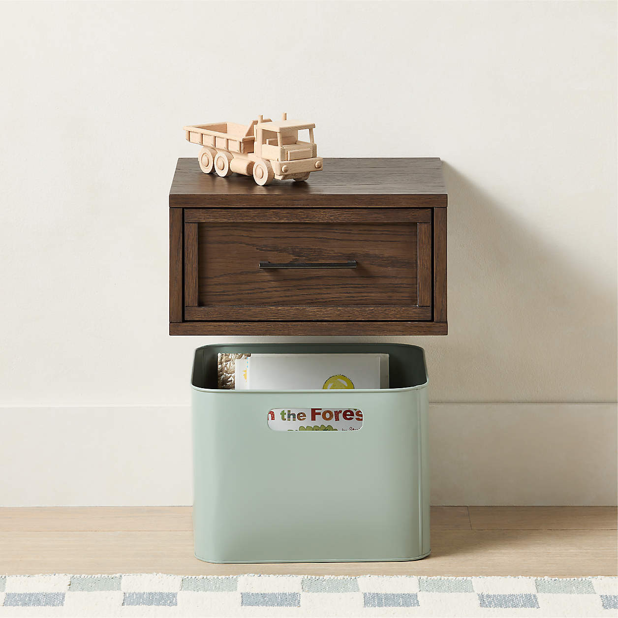 Oliver Deep Brown Wood Floating Kids Nightstand with Drawer | Crate & Kids | Crate & Barrel