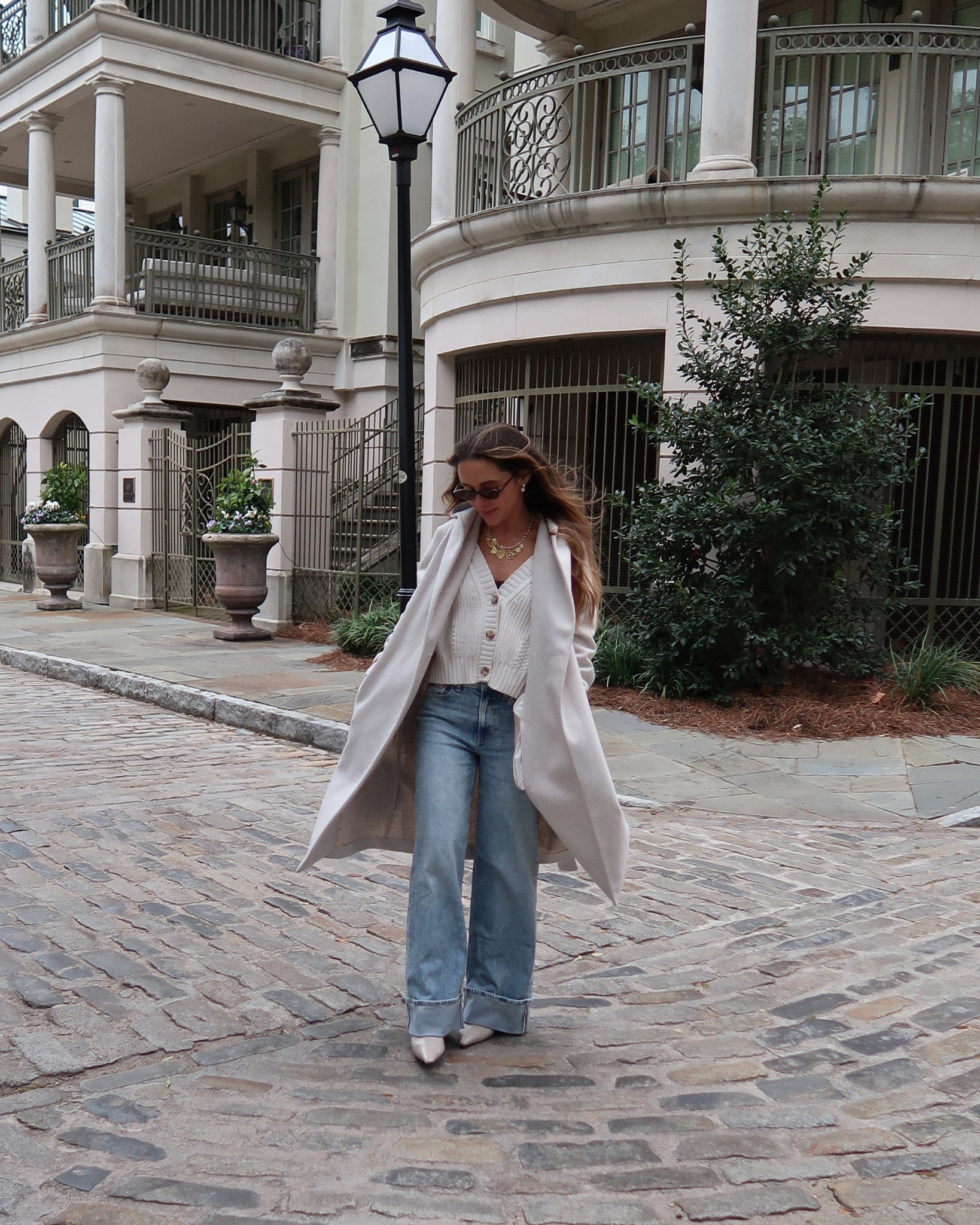 winter outfit
White cardigan is XS
Wide leg jeans are 25
Paired with an adorable charm necklace, a cream peacoat from
Zara, and cream boots