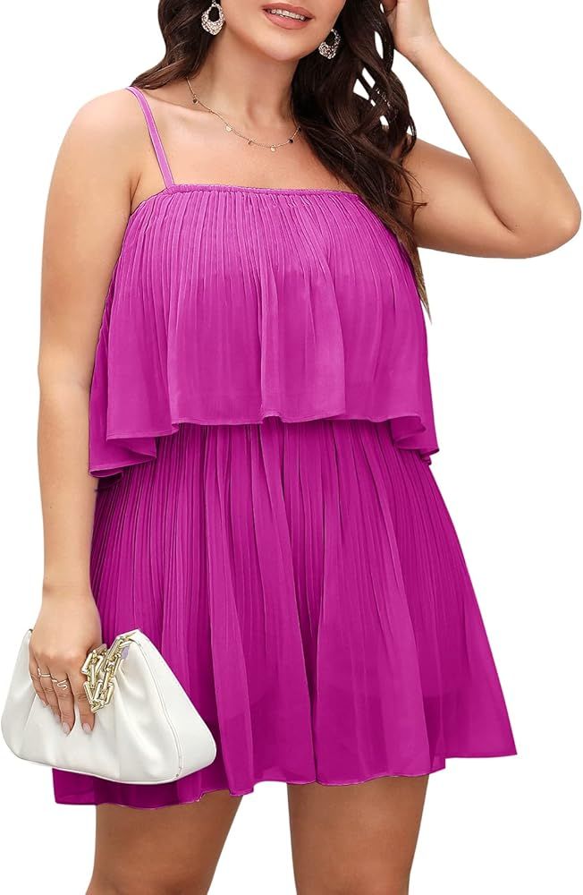 EXLURA Womens Summer Plus Size Rompers Dress Ruffle Spaghetti Strap Pleated Sleeveless Flowy Shor... | Amazon (US)