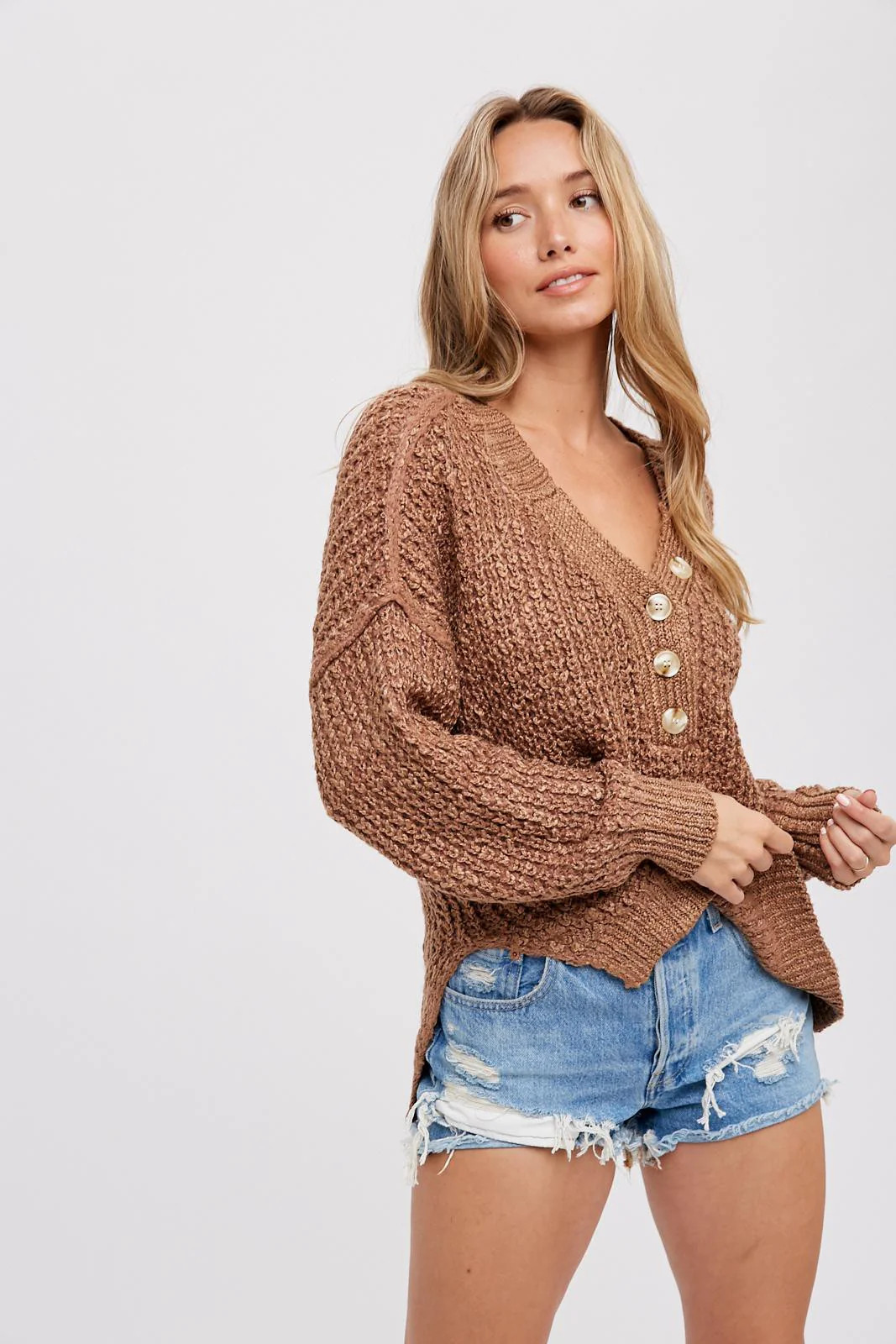 Mocha Chunky Knit Button V-Neck Sweater | PinkBlush Maternity
