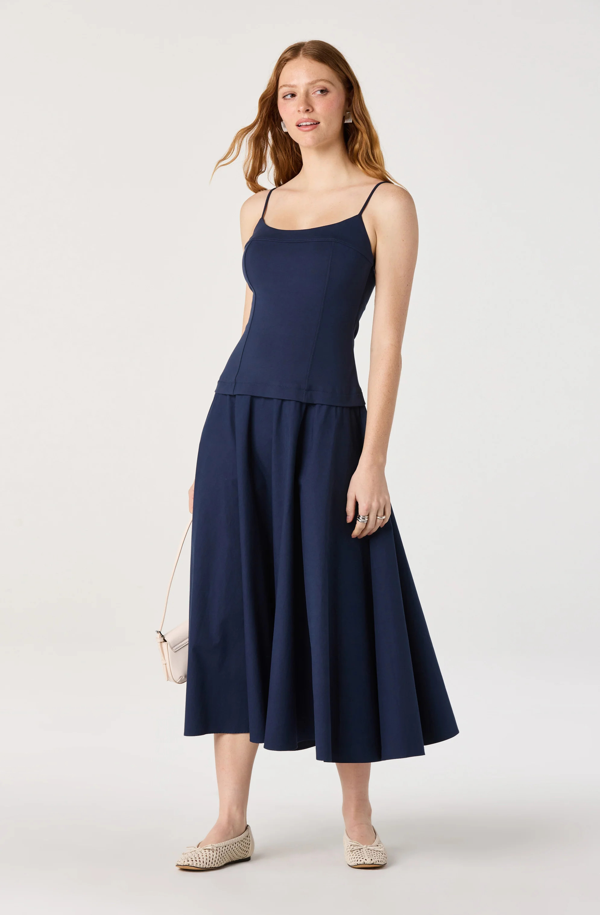 Cierra Mixed Media Drop Waist Midi Dress - Navy / XS | ASTR The Label (US)