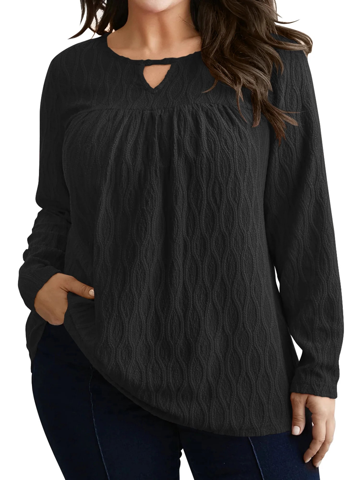 LANREMON Womens Plus Size Tops Long Sleeve Shirts V Neck Textured Keyhole Gathered Knit Tunic Loo... | Walmart (US)