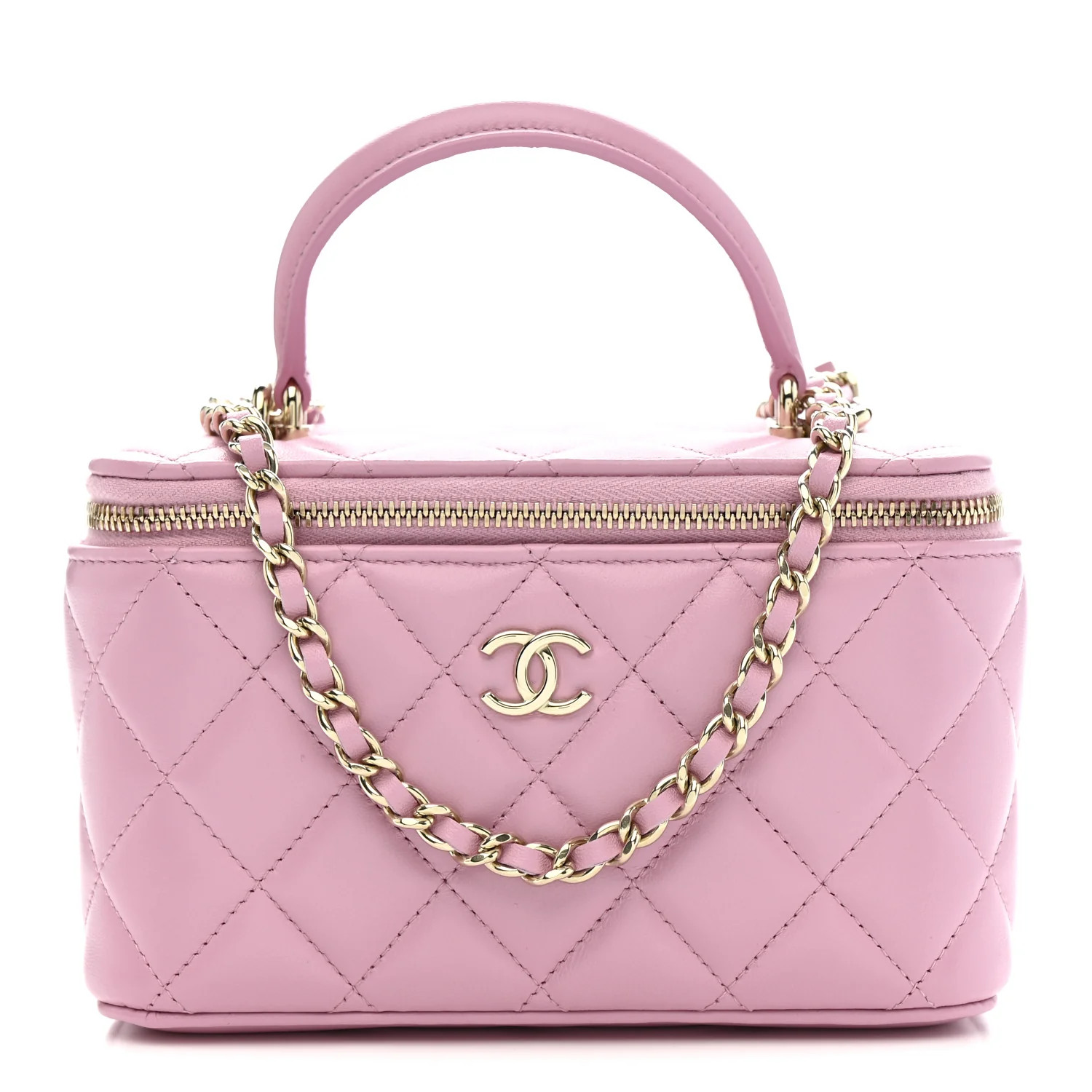 Lambskin Quilted Small Top Handle Vanity Case With Chain Pink | FASHIONPHILE (US)