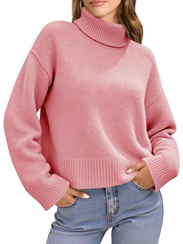 Saodimallsu Womens Turtleneck Fuzzy Sweaters Long Sleeve Chunky Knit Casual Loose Warm Fall Winter Pullover Sweater Pink | Amazon (US)