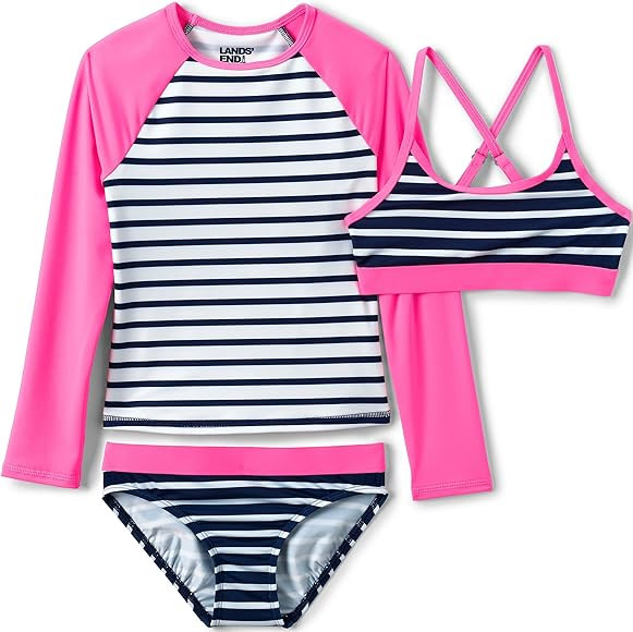 Lands' End Girls Slim Rash Guard Swim Top Bikini Top and Bottoms UPF 50 Swimsuit Set | Amazon (US)