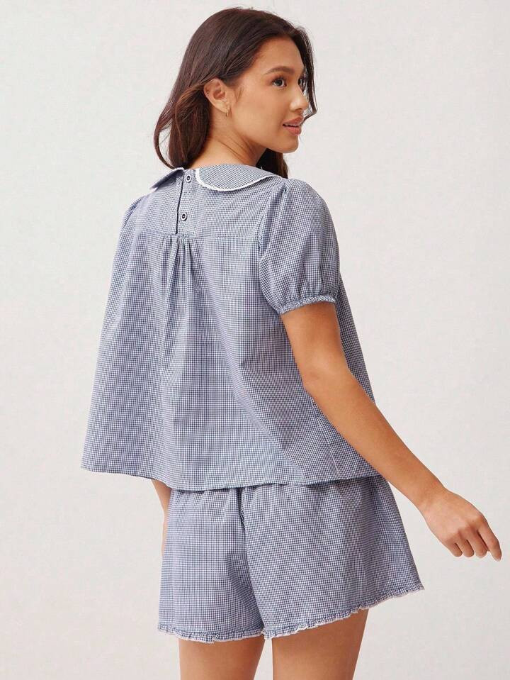 WESTFADE Summer Cotton Gingham Checkered Plaid & Lace Collared Crew Neck Voluminous Babydoll Shor... | SHEIN