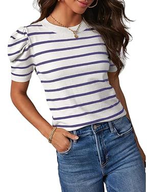 Dokotoo Women's Short Puff Sleeve Knit Tops 2024 Trendy Crewneck Striped T Shirts Casual Summer B... | Amazon (US)