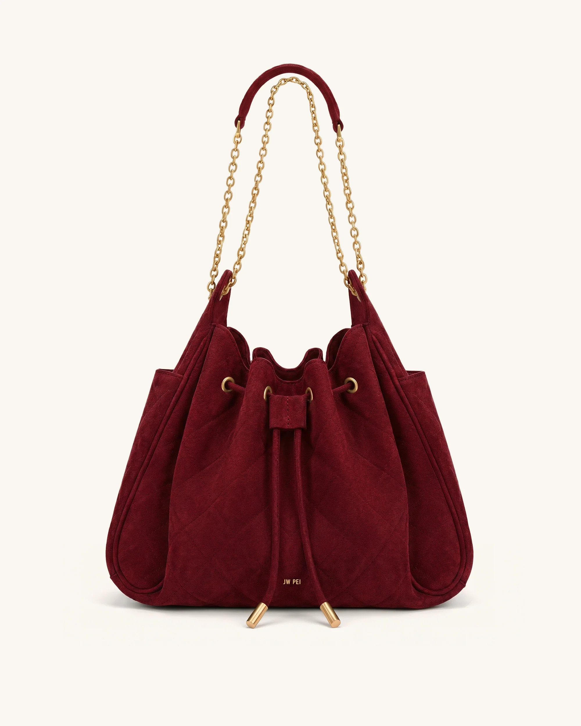 Rowan Faux Suede Quilted Chain Bucket Bag - Dark Red | JW PEI US