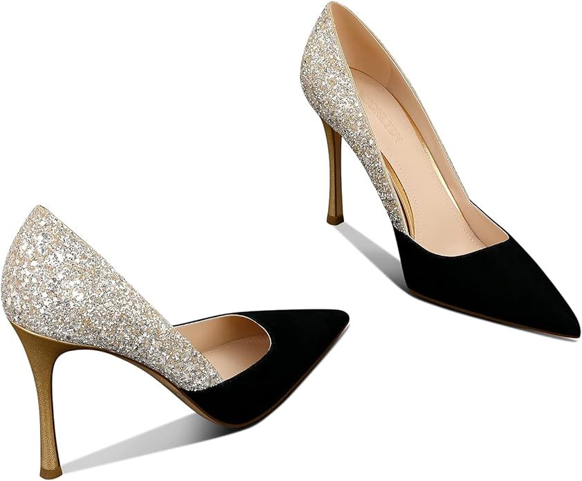 Women's Gold Classic Pointed Toe High Heels Stiletto Pumps with 3.35in Sparkly for Wedding,Party,... | Amazon (US)
