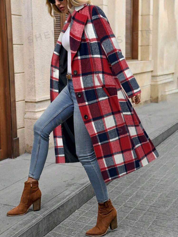 SHEIN LUNE Winter Red Plaid Jacket,Button Pocket Long Coat | SHEIN