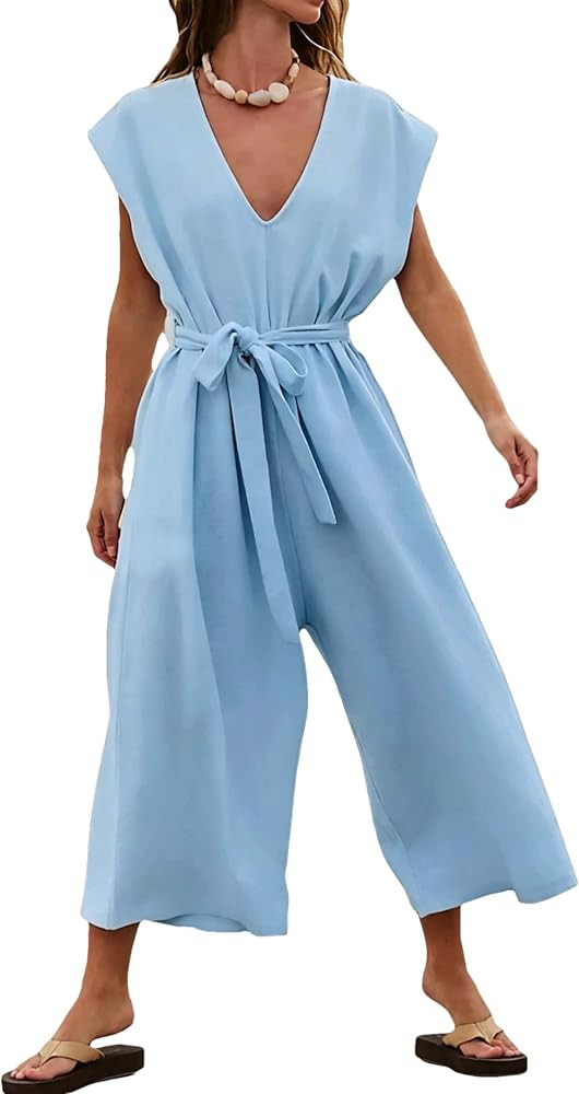 Womens One Piece Jumpsuits Sleeveless V-Neck Waist Belted Long Wide Leg Pants Romper Casual Outfi... | Amazon (US)