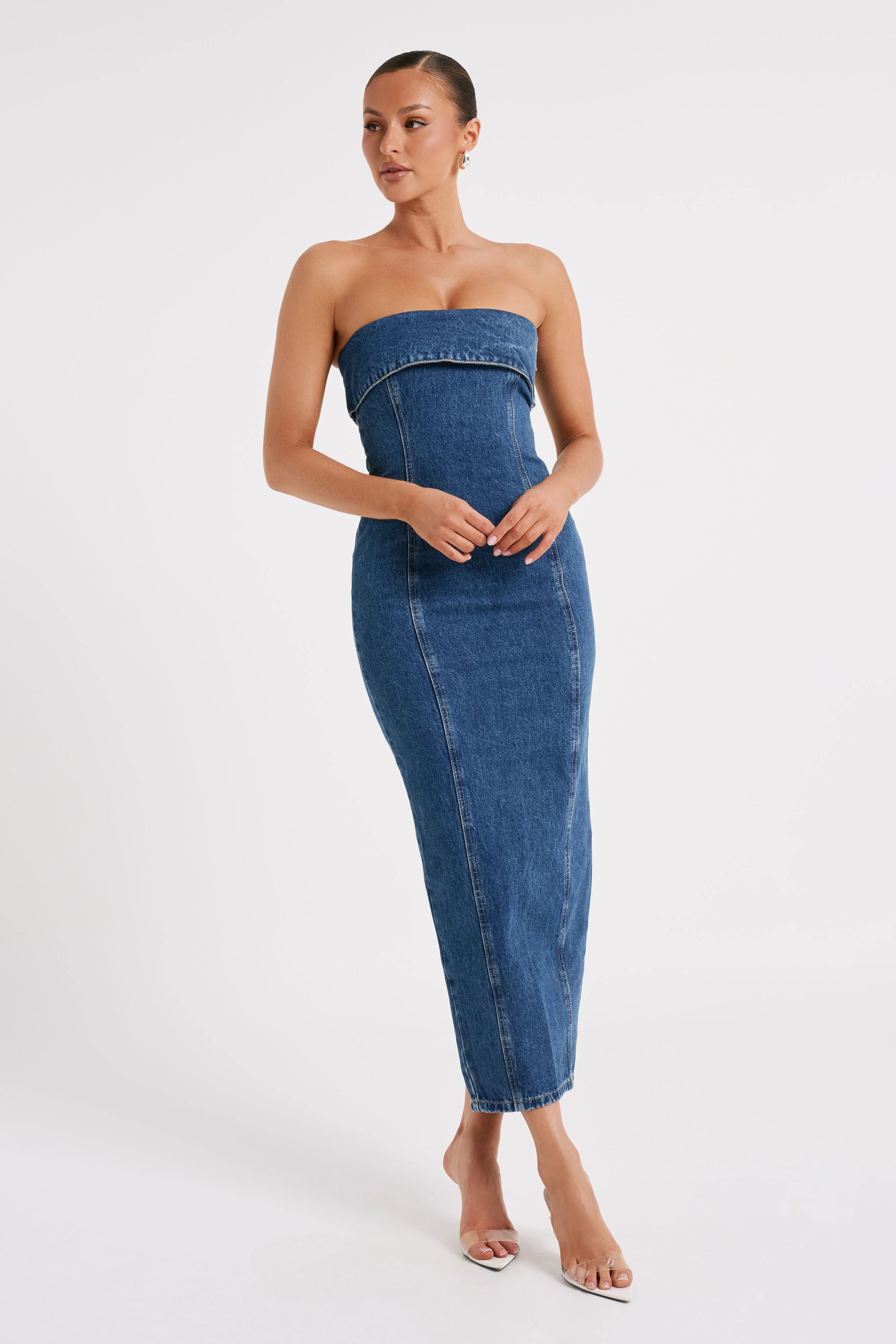 Katherine Strapless Denim Midi Dress - Dark Blue | MESHKI US