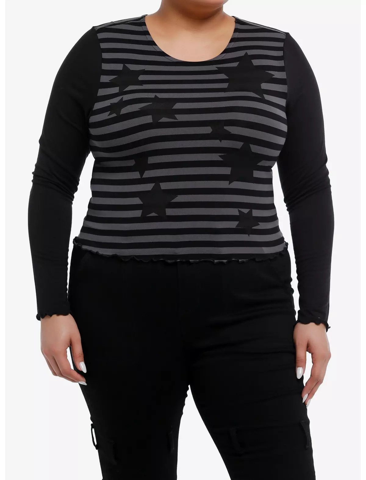 Social Collision® Black & Grey Stripe Star Girls Crop Long-Sleeve Top Plus Size | Hot Topic