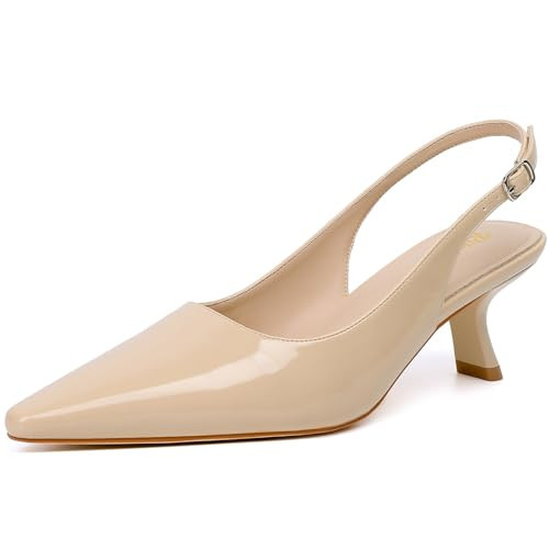 RIBONGZ Beige Kitten Heels for Women Nude Pointed Closed Toe Pumps Patent Leather Low Heel Slingback Heels with Buckle Strappy Comfort Dress Shoes for Dating Wedding Prom Party Working Size 10 | Amazon (US)