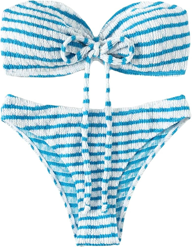Milumia Women's 2 Piece Swimsuits Striped Tie Back Halter Top Bikini Sets Swimwear | Amazon (US)