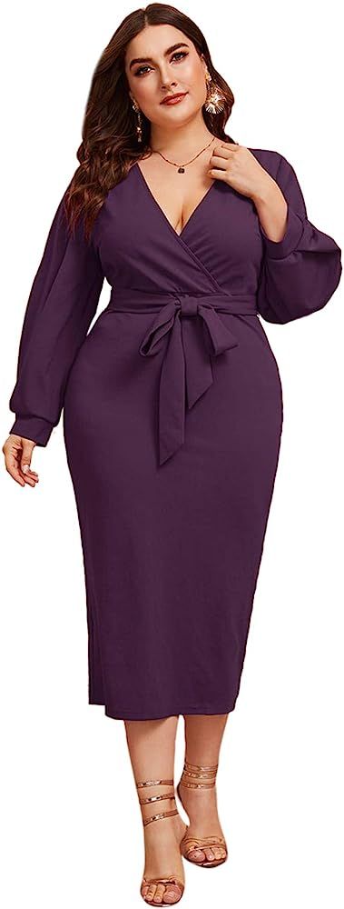 Verdusa Women's Plus Size Bishop Sleeve Plunging V Neck Belted Bodycon Dress | Amazon (US)