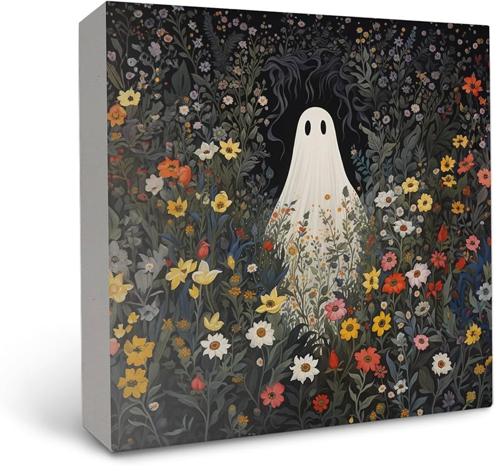 OFlich Floral Ghost Wood Signs Desk Decor, Cute Romantic Ghost Halloween Dark Academia Wooden Box... | Amazon (US)