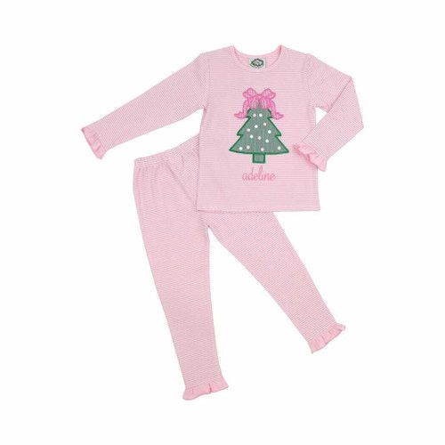 Pink Mini Stripe Christmas Tree Pajamas - Shipping Late November | Cecil and Lou