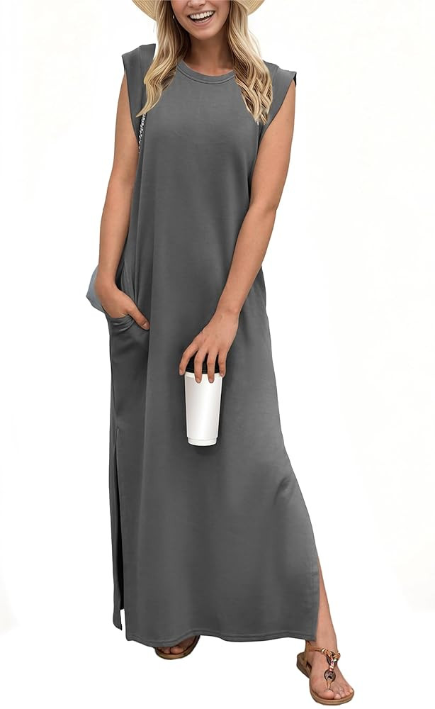 GRECERELLE Womens Summer Dresses Round Neck Sleeveless Maxi Dress Casual Loose Split Long Beach S... | Amazon (CA)