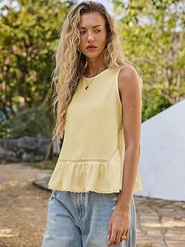 Womens Summer Peplum Babydoll Tank Tops Sleeveless Ruffle Lace Trim Dressy Blouse Shirt 2026 Tren... | Amazon (US)