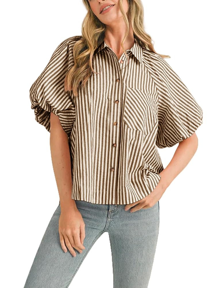 Women's Striped Button Down Shirt Puff Sleeve Collared V Neck Loose Casual Dressy Blouse Top | Amazon (US)