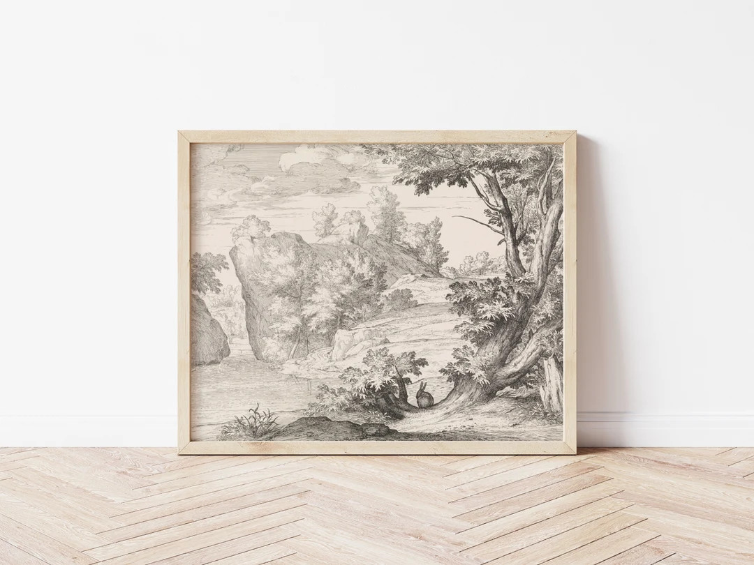 Printable Art | Vintage Bunny Rabbit Landscape Drawing | Neutral Easter Spring Art | Etching | Fa... | Etsy (US)