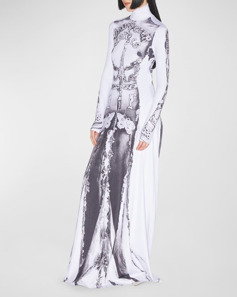 Jean Paul Gaultier Dentelle Trompe Loeil Jersey Long-Sleeve Backless Maxi Dress | Neiman Marcus