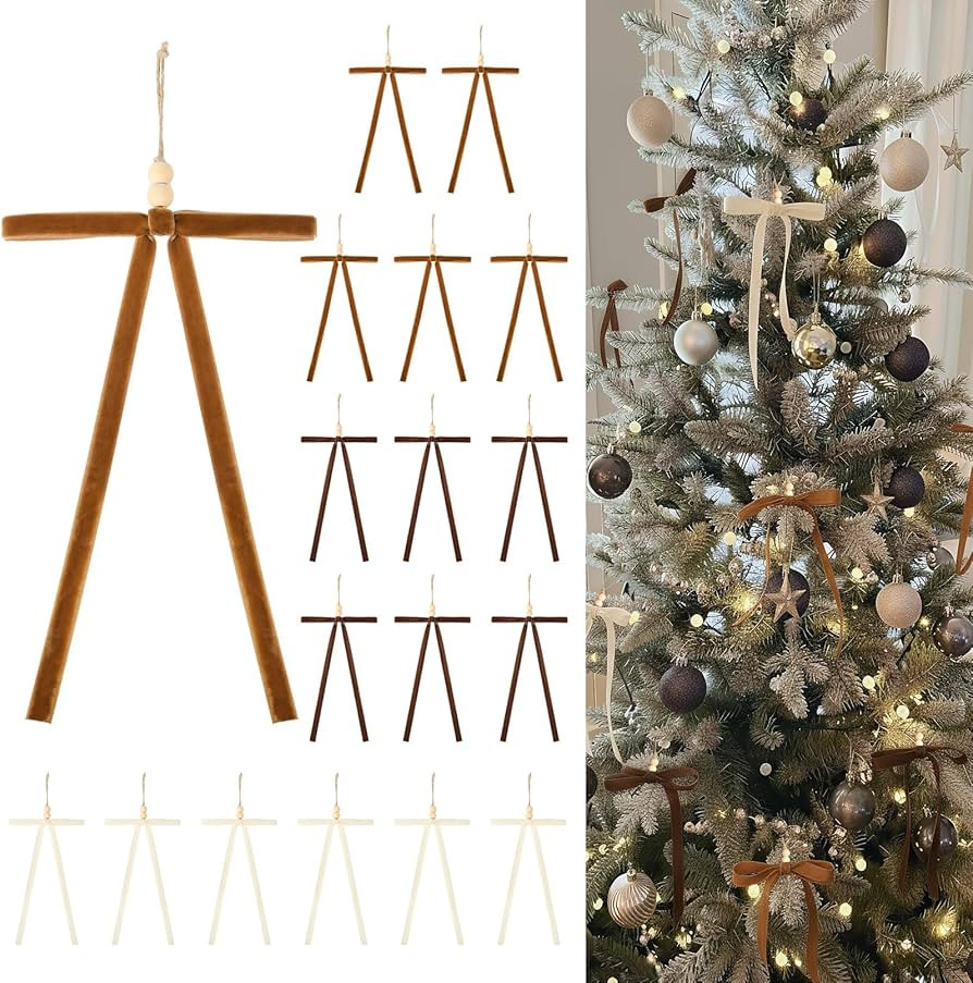 CEELGON 18 PCS Neutral Velvet Bows for Christmas Tree Hanging Ornaments Decorations Ribbon with W... | Amazon (US)