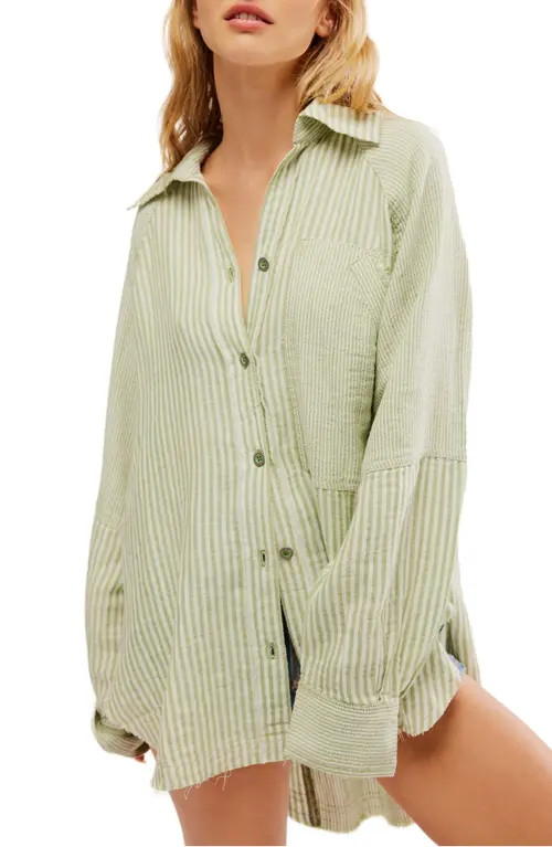 Free People Indigo Skies Stripe Oversize Button-Up Shirt in Sage Combo at Nordstrom, Size X-Small | Nordstrom