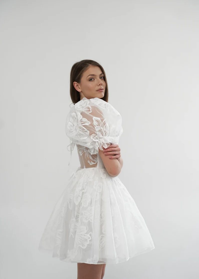 Clementine Dress, Short wedding dress, Elopement dress, Rehearsal dinner dress, Puff sleeves brid... | Etsy (CAD)