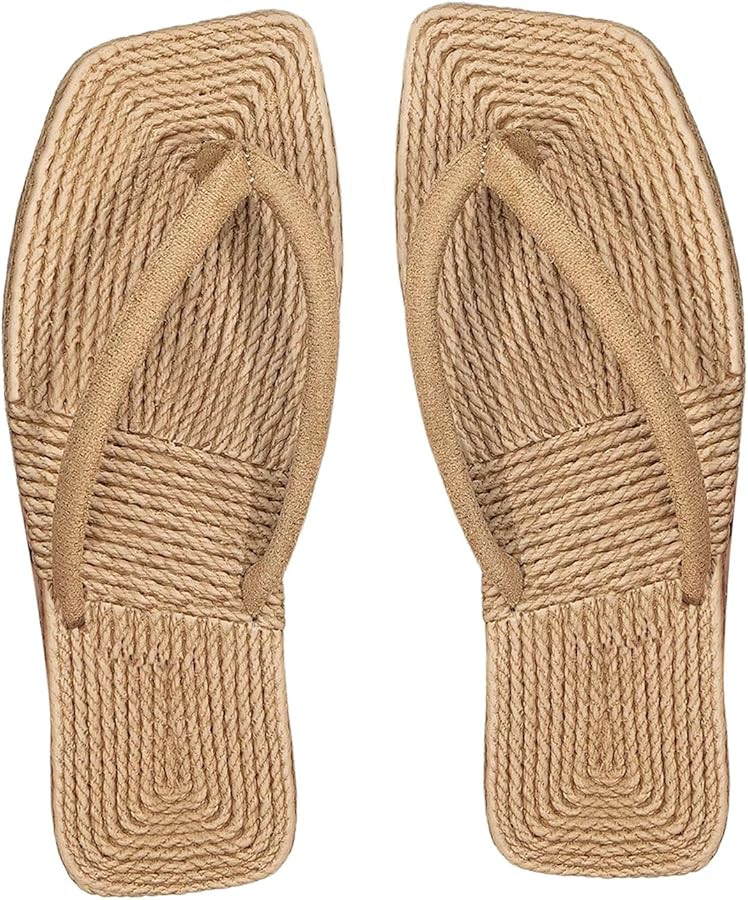 GORGLITTER Women's Square Toe Flip Flops Boho Flat Sandals Straw Dressy Beach Summer Vacation 202... | Amazon (US)