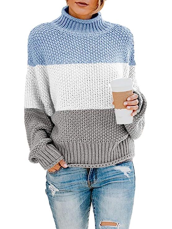 Ferbia Women Color Block Cowl Neck Sweaters Batwing Oversized Knitted Pullover Chunky Loose Slouc... | Amazon (US)