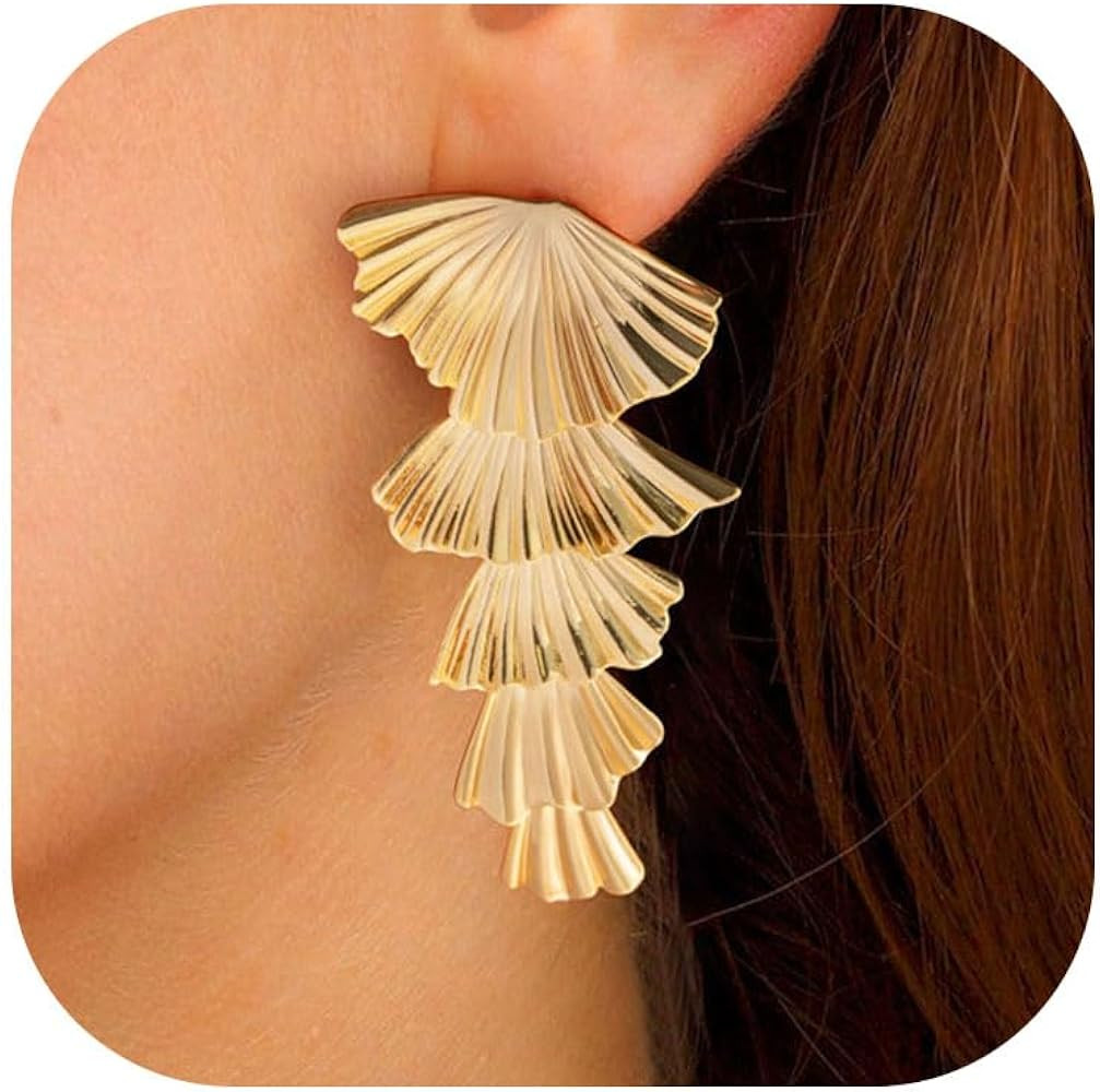 VRIUA Gold Statement Earrings for Women - 14K Gold Plated Chunky Earrings Gold Geometric Earrings... | Amazon (US)