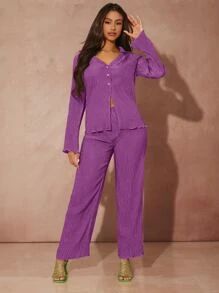 SHEIN Button Front Lettuce Trim Shirt & Wide Leg Pants Set
   SKU: sw2110303628850666      
     ... | SHEIN