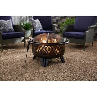 Piedmont 29.6 in. W Black Steel Wood Outdoor Fire Pit with Screen and Poker Included | The Home Depot
