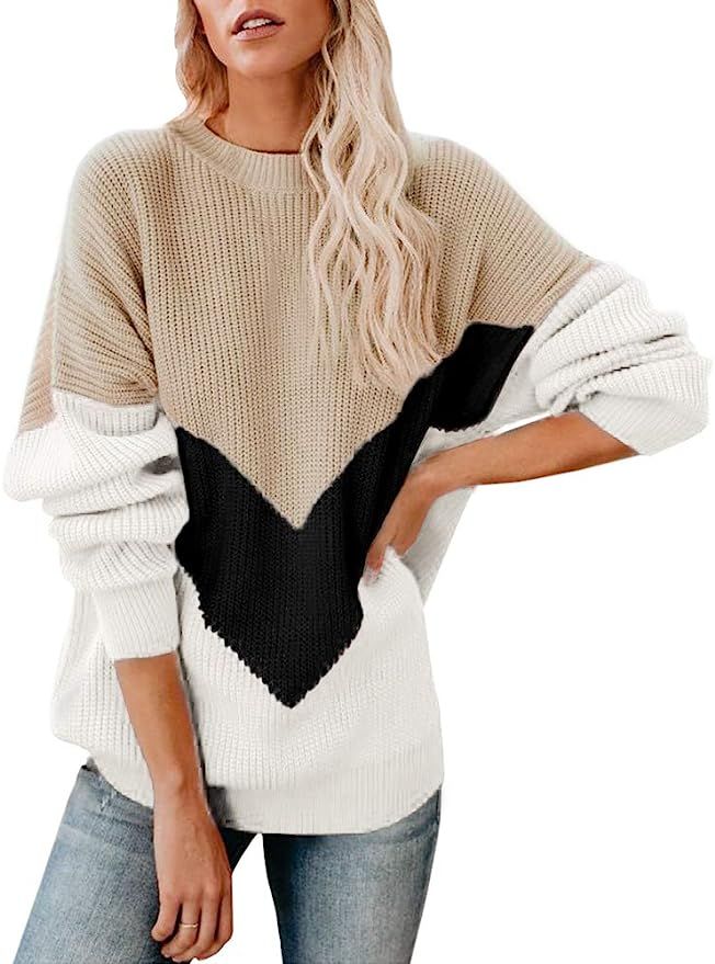 Saodimallsu Womens Oversized Batwing Sleeve Sweaters Chevron Color Block Slouchy Loose Knit Pullo... | Amazon (US)