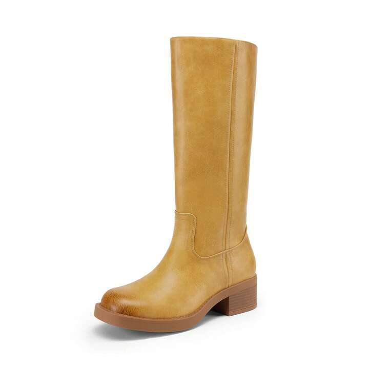 Womens Square Toe Chunky Block Heel Knee High Boots Banana Campus Boots For Women Casual Comfortable Low Heel Side Zipper Riding Tall Boots | SHEIN