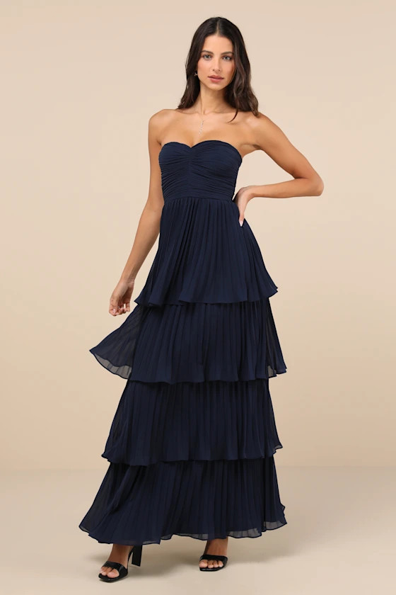 Seriously Sensational Navy Blue Strapless Tiered Maxi Dress | Lulus