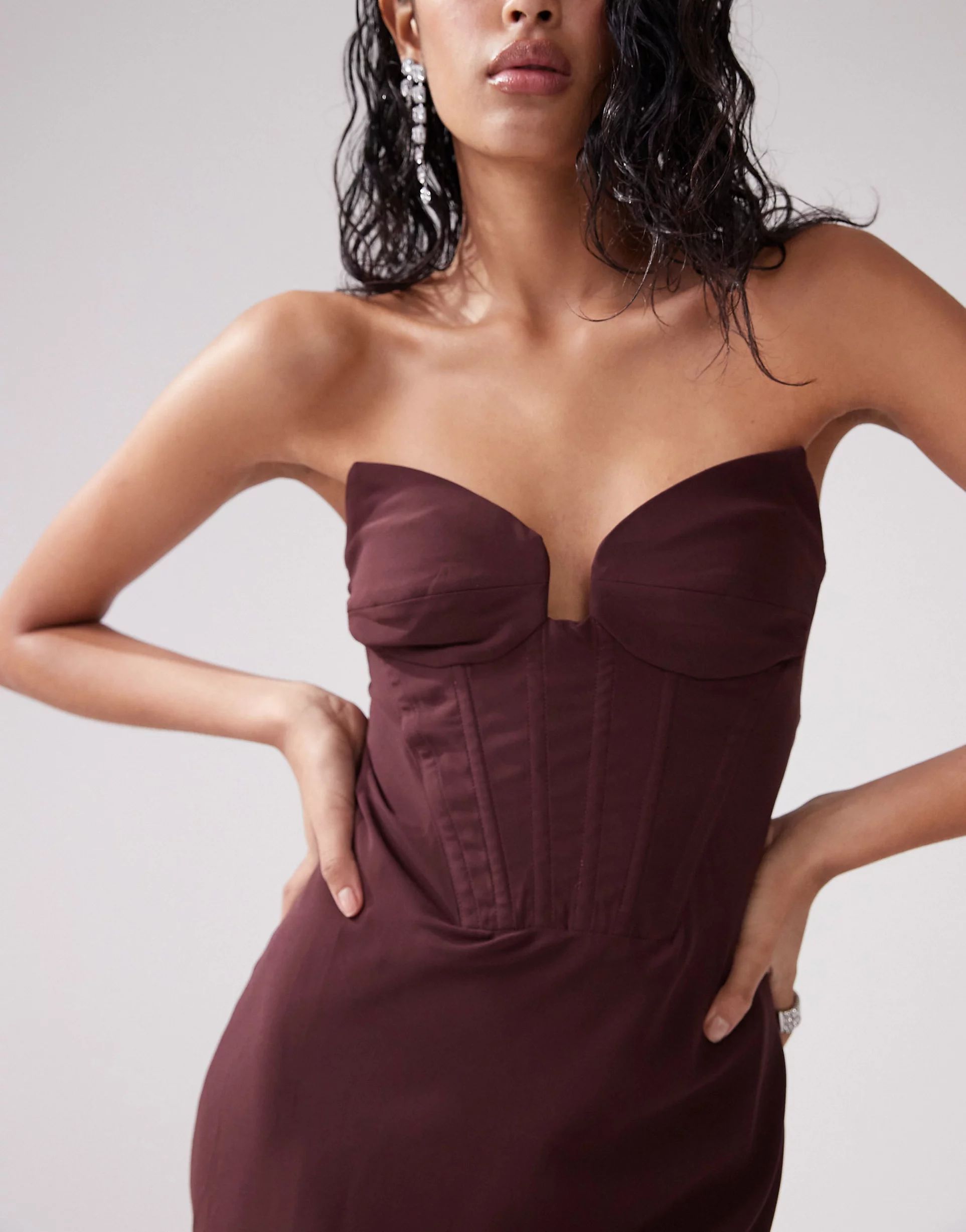 ASOS DESIGN corset detail maxi dress with asymmetric ruffle hem in burgundy | ASOS (Global)