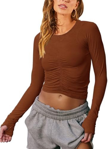Vivitulip Women’s Long Sleeve Shirts Basic Fall Ruched Slim Fitted Crop Tops Tight Athletic Blo... | Amazon (US)