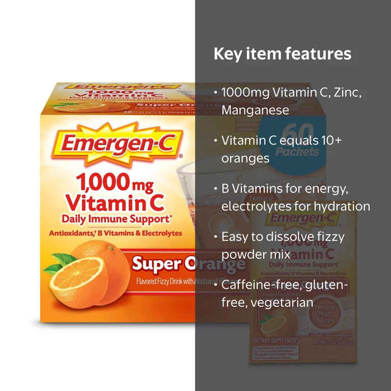 Emergen-C 1000Mg Vitamin C Powder for Immune Support Super Orange - 60 Count (pack of 2) | Walmart (US)