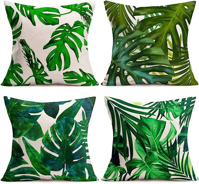 ShareJ Tropical Palm Monstera Leaves Decorations Set of 4 Throw Pillow Covers Summer Green Leaves... | Amazon (US)