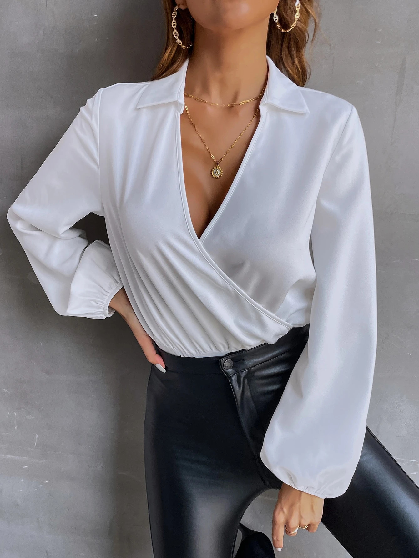 Surplice Neck Lantern Sleeve Bodysuit | SHEIN