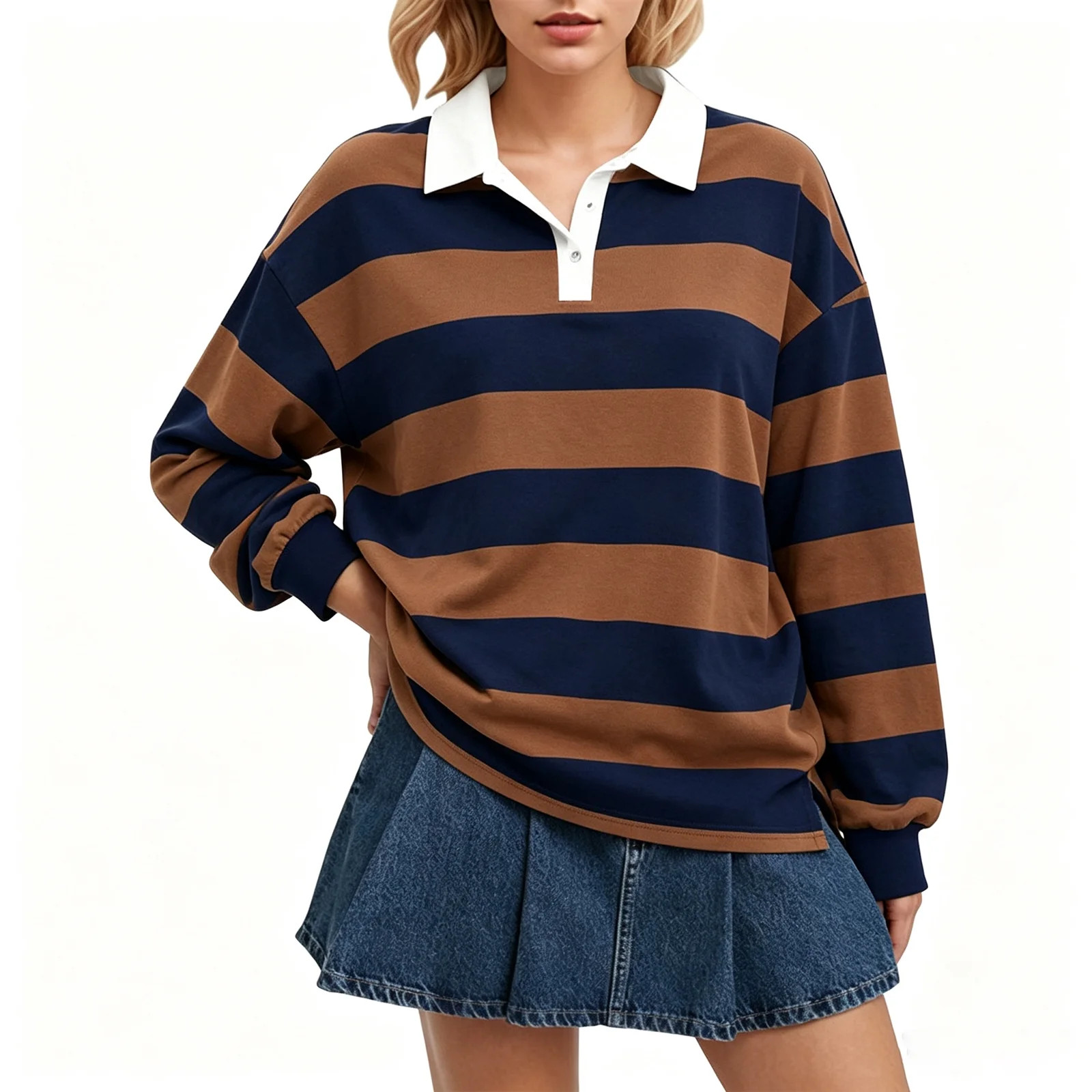 TOMVIGX Rugby Shirt Women Casual Game Day Button Down Tops Collared Long Sleeve Striped Shirt XL - Walmart.com | Walmart (US)