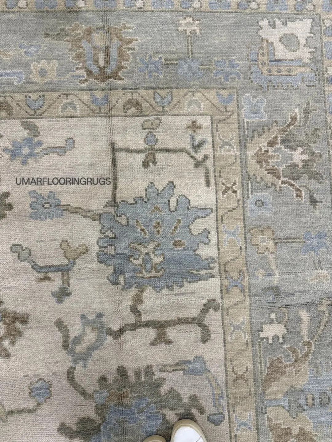 Vintage Oushak Rug Hand Knotted Turkish Wool Carpet Muted Beige Blue Floral Area Rug Neutral Farm... | Etsy (US)