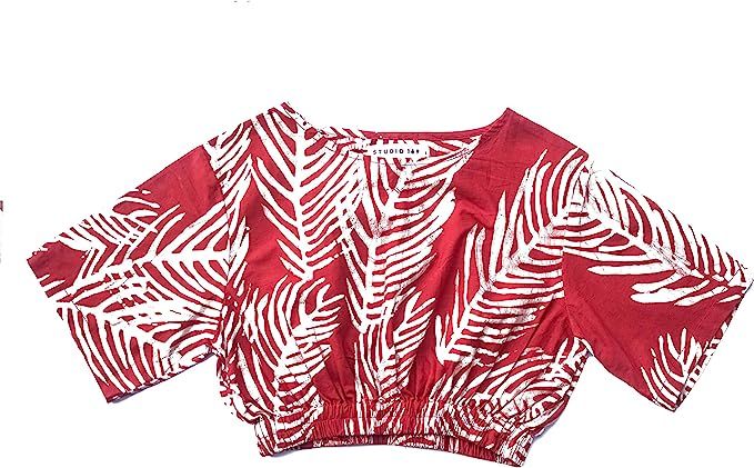 Amazon.com: Studio 189, Hand-Batik Ngaa Cropped Top, Red & White Palm Leaf | Amazon (US)
